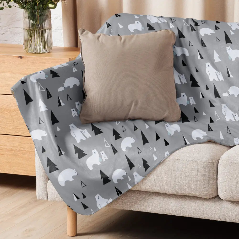Gray polar bear sherpa blanket with white polar bear and black tree pattern soft cozy throw blanket