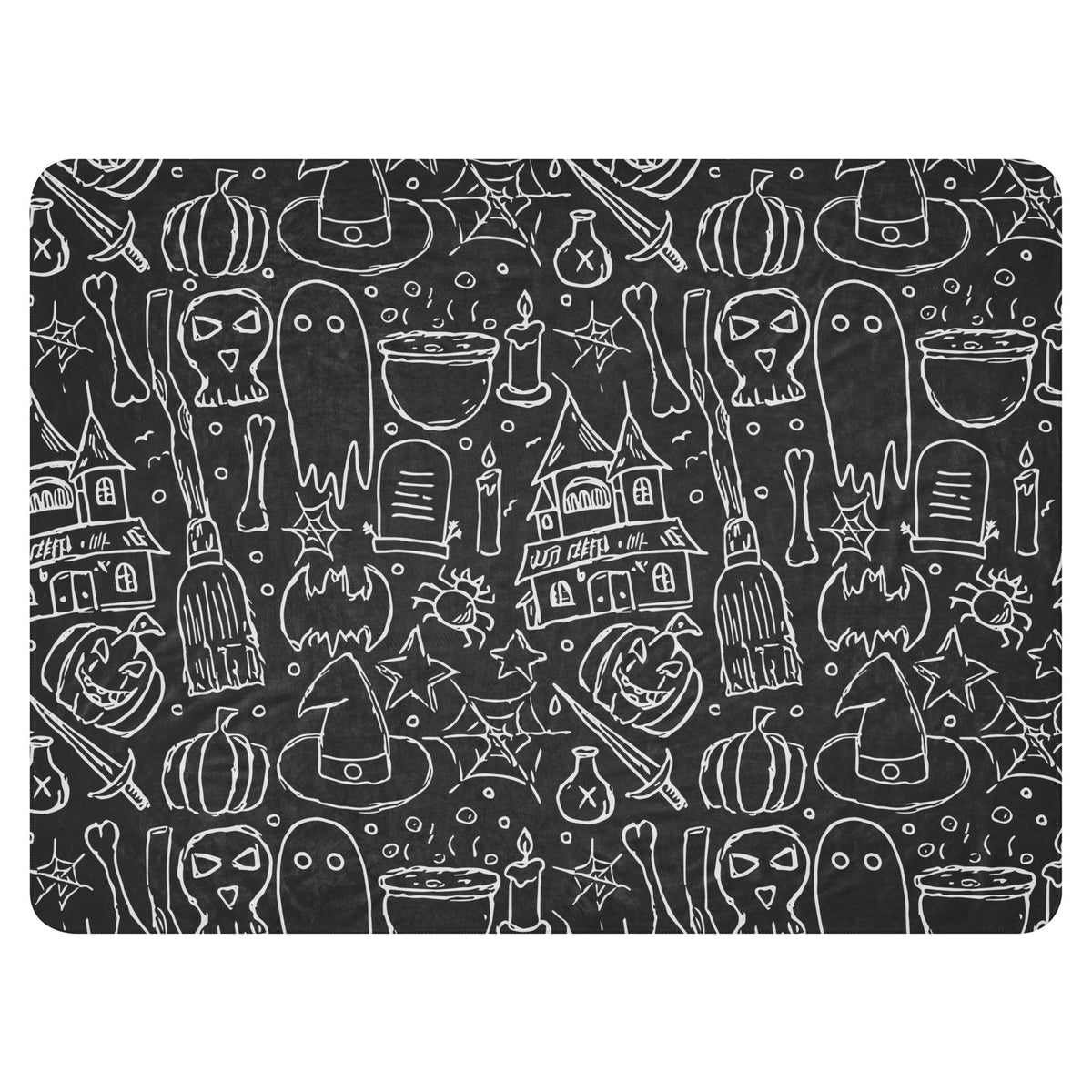 Black halloween blanket featuring white chalk-style illustrations of pumpkins ghosts witches hats and haunted houses