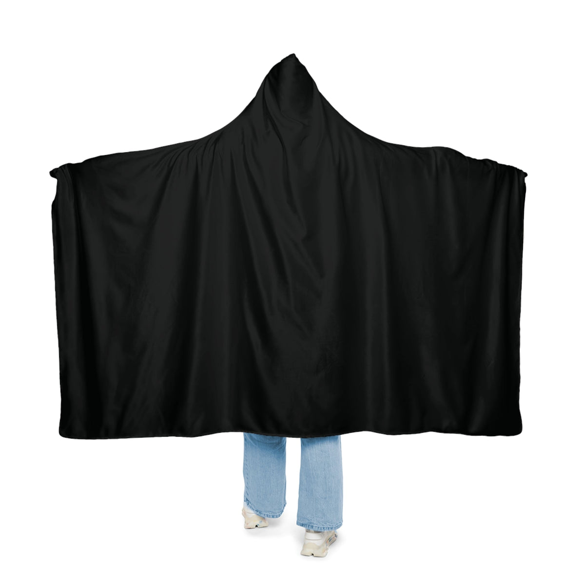 Black hooded blanket made of soft black fabric with a smooth glossy finish and wide flowing sleeves shown from the back