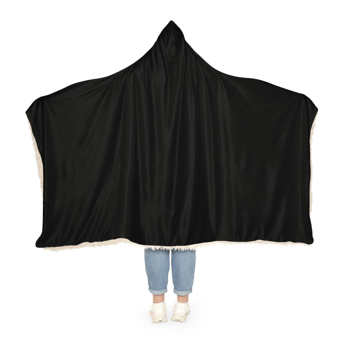 Black hooded blanket with black satin lining and plush white fleece trim for cozy warmth and comfort