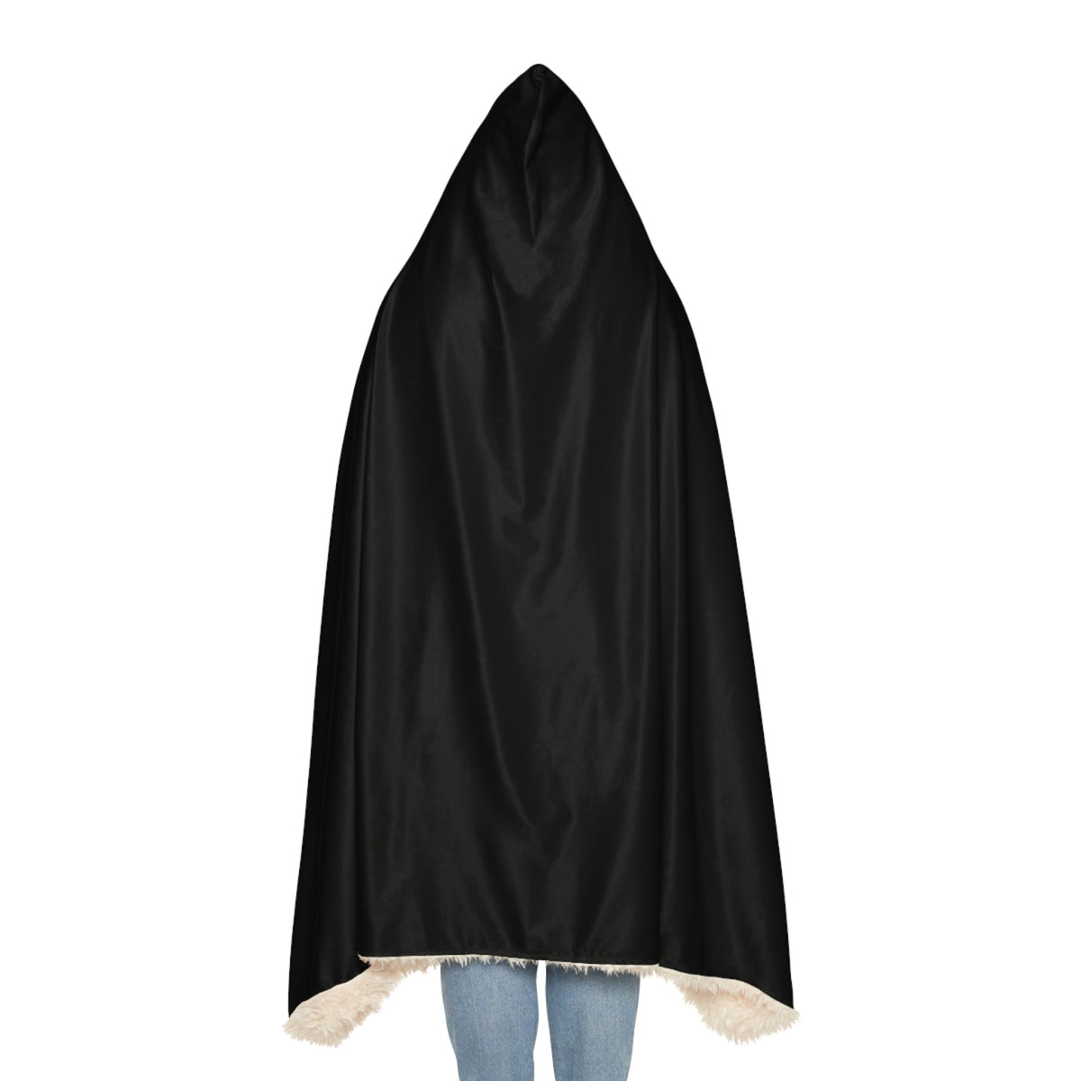 Black hooded blanket with a black satin cape and cream-colored faux fur trim shown from the back side