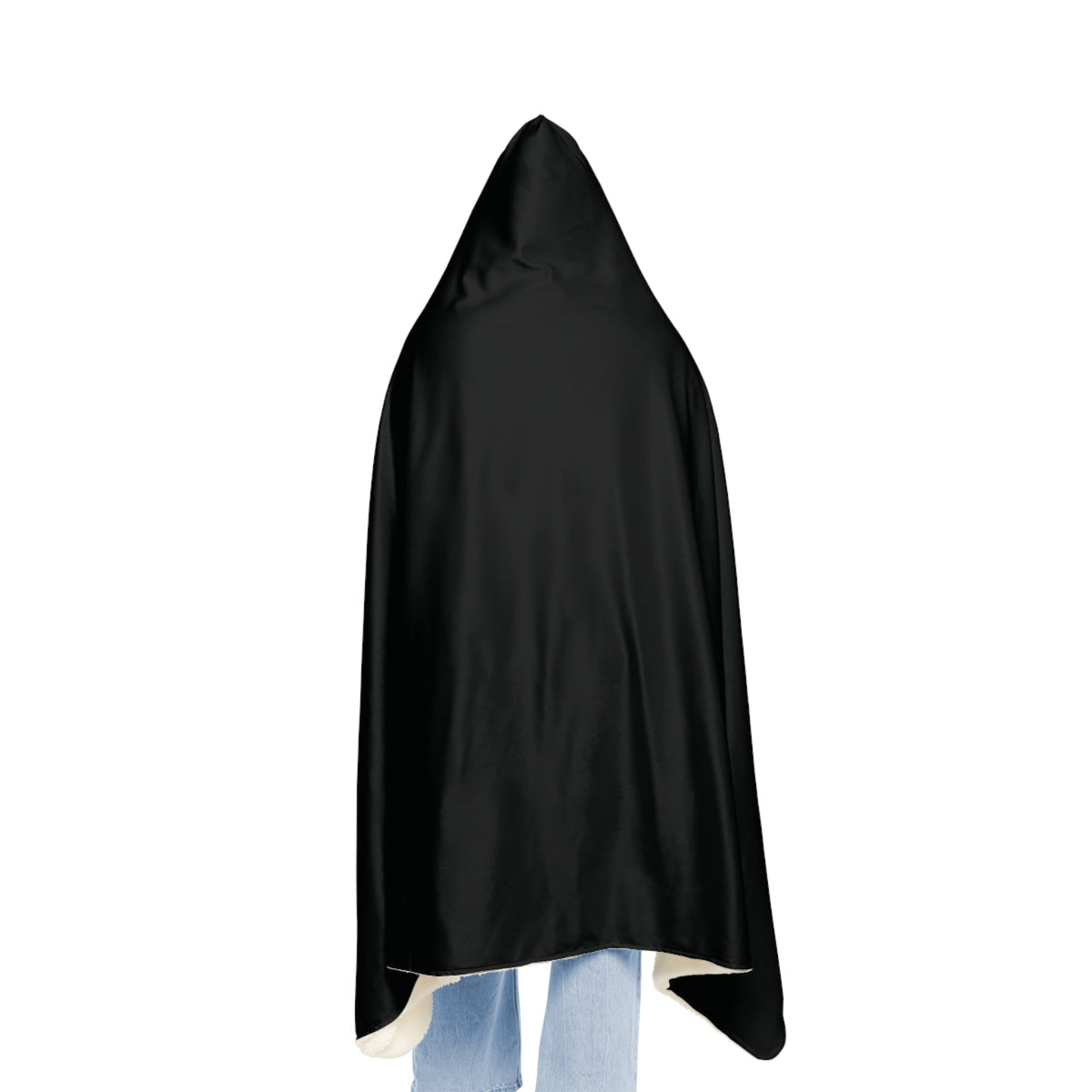 Black hooded blanket made of black satin with a plush white interior lining shown from the back side