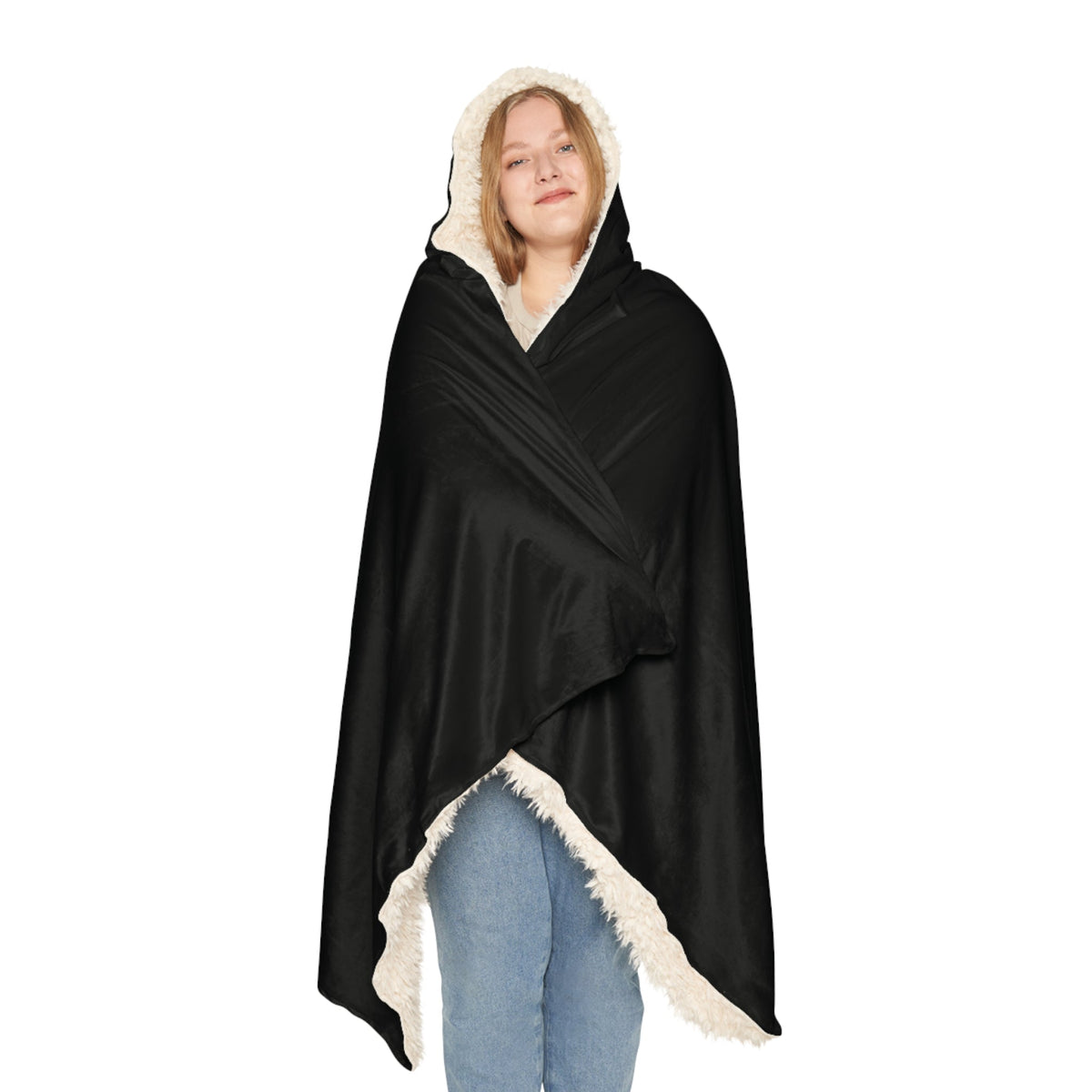 Black hooded blanket with plush white fleece lining and frayed edges for cozy warmth and comfort