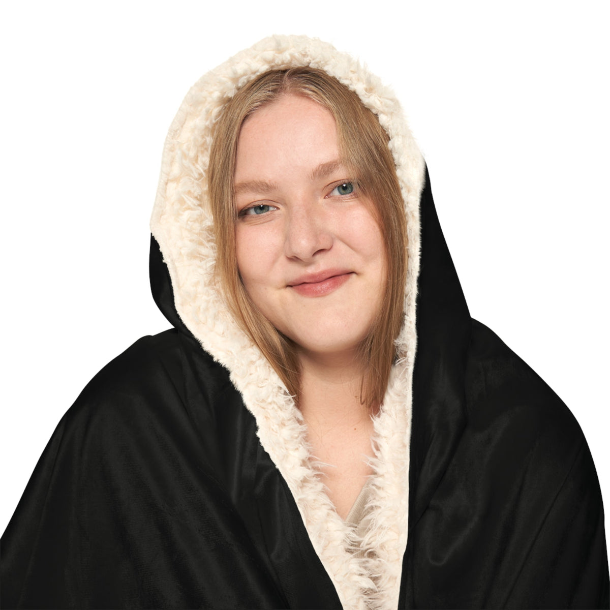Black hooded blanket with plush white fleece lining designed for warmth and comfort