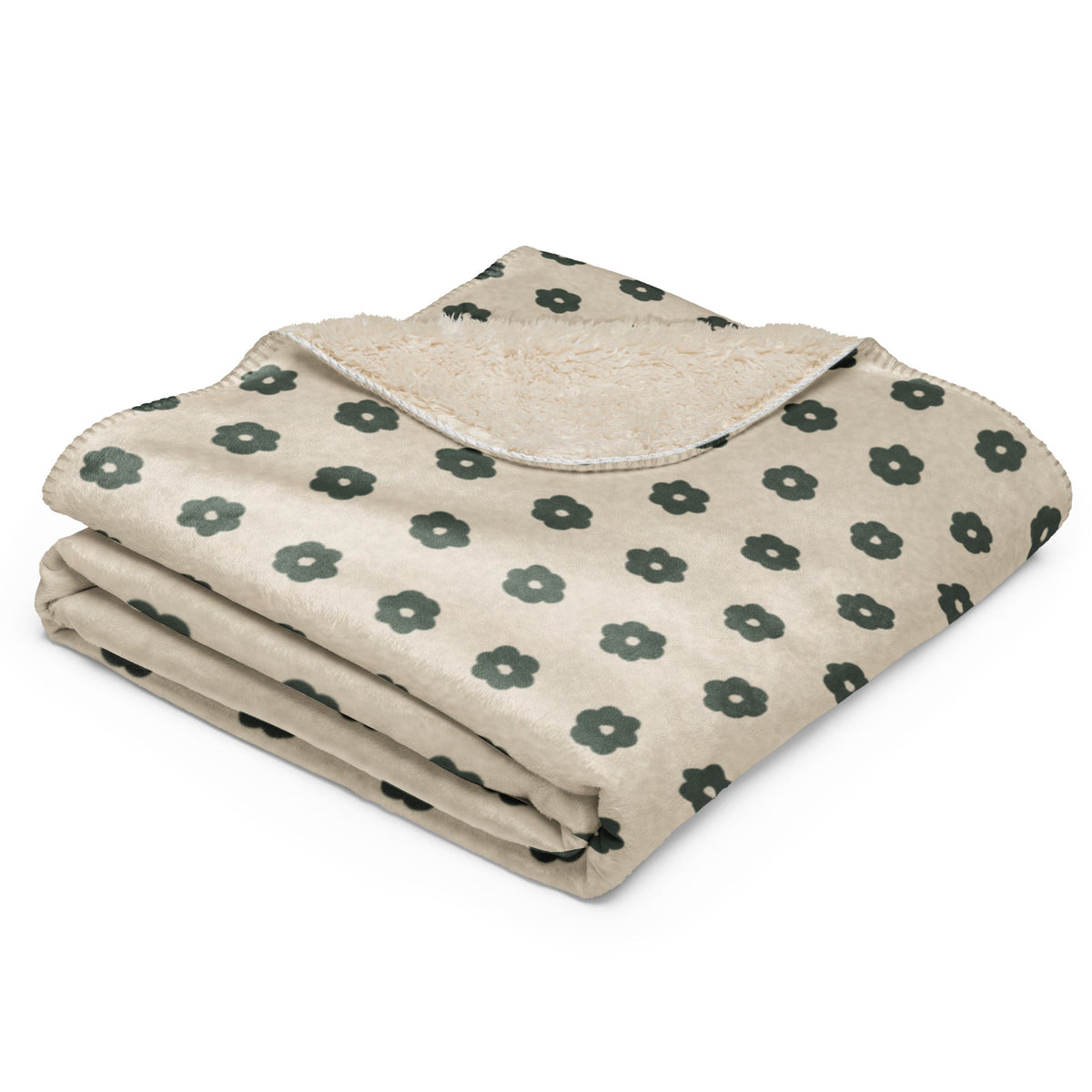 Beige boho floral blanket with dark green pattern and plush sherpa-lined fleece interior for cozy warmth