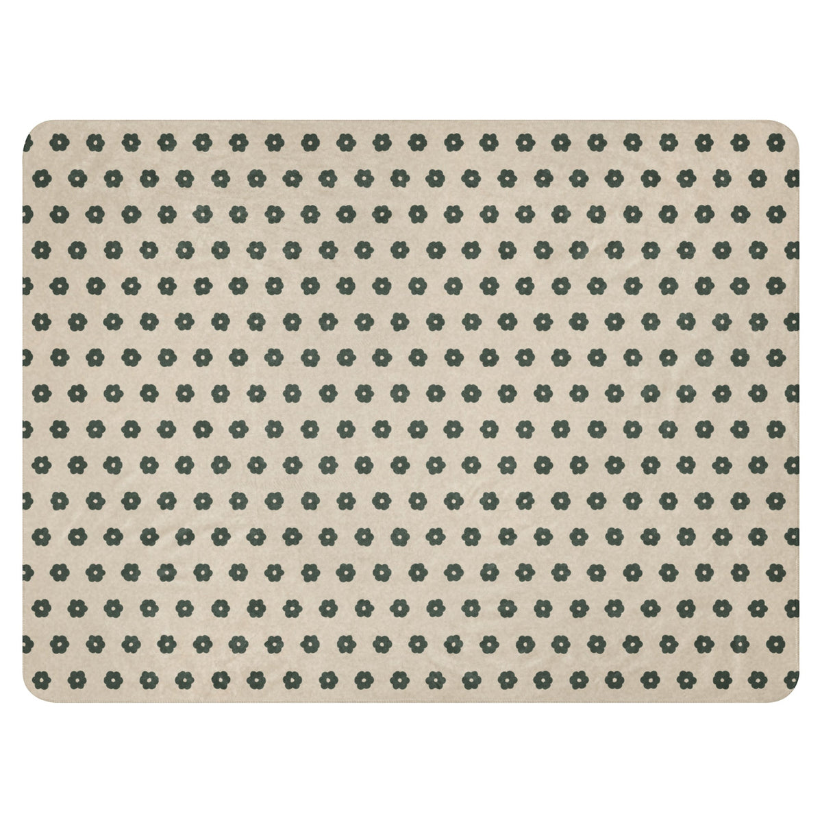 Beige boho floral blanket with a repeating pattern of small dark green floral motifs on a rectangular mat