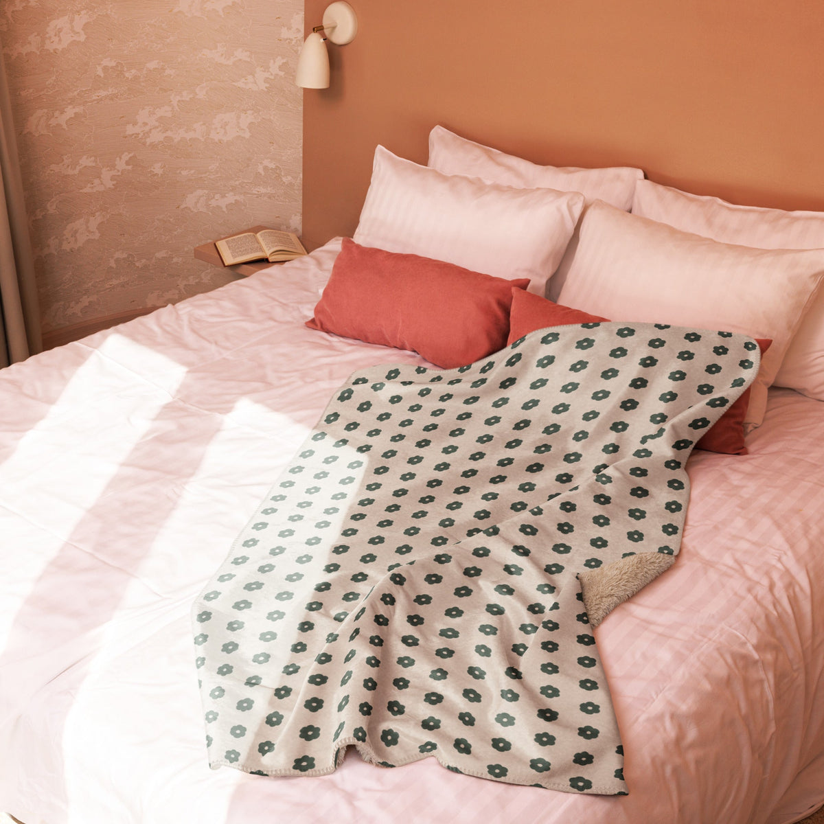 Boho floral blanket soft off-white throw with dark green floral pattern and cozy fleece lining for warmth and comfort