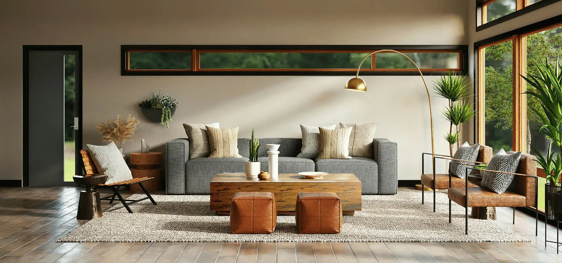Canapé en tissu gris avec plusieurs coussins d’appoint beiges et à motifs