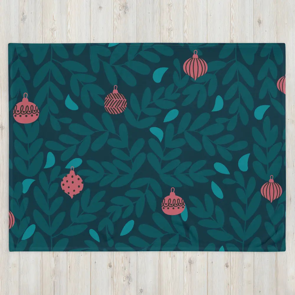 Teal rectangular rug with festive pink christmas ornaments and teal leaves pattern perfect for holiday decor