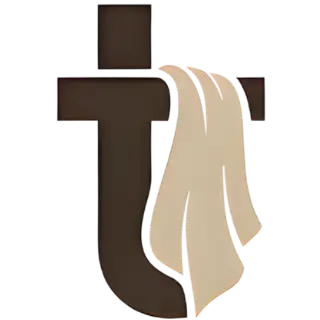 Dark brown cross-shaped logo with a beige, flowing ribbon draped over its right side.