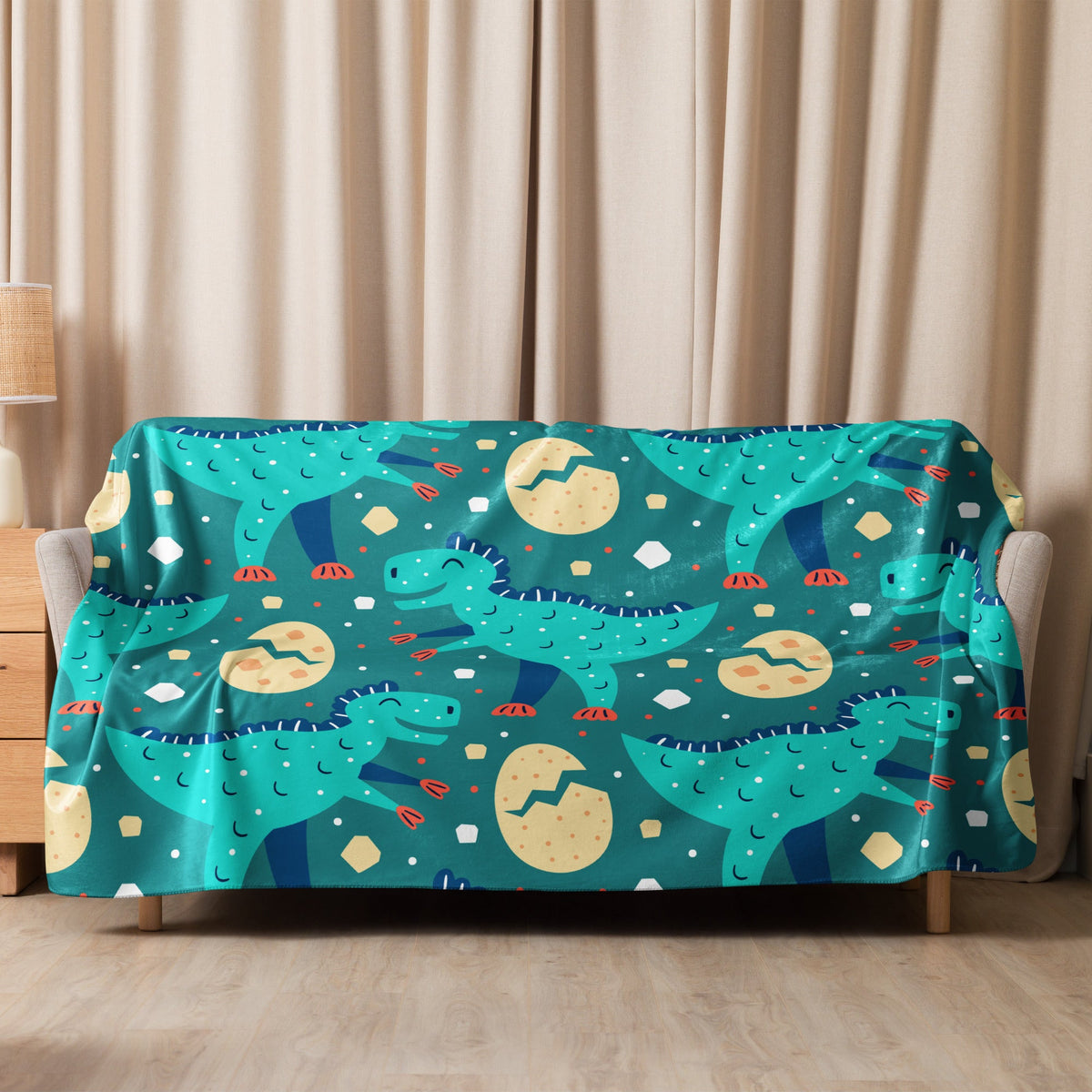 Dinosaur sherpa blanket, a soft throw blanket printed with dinosaurs for kids