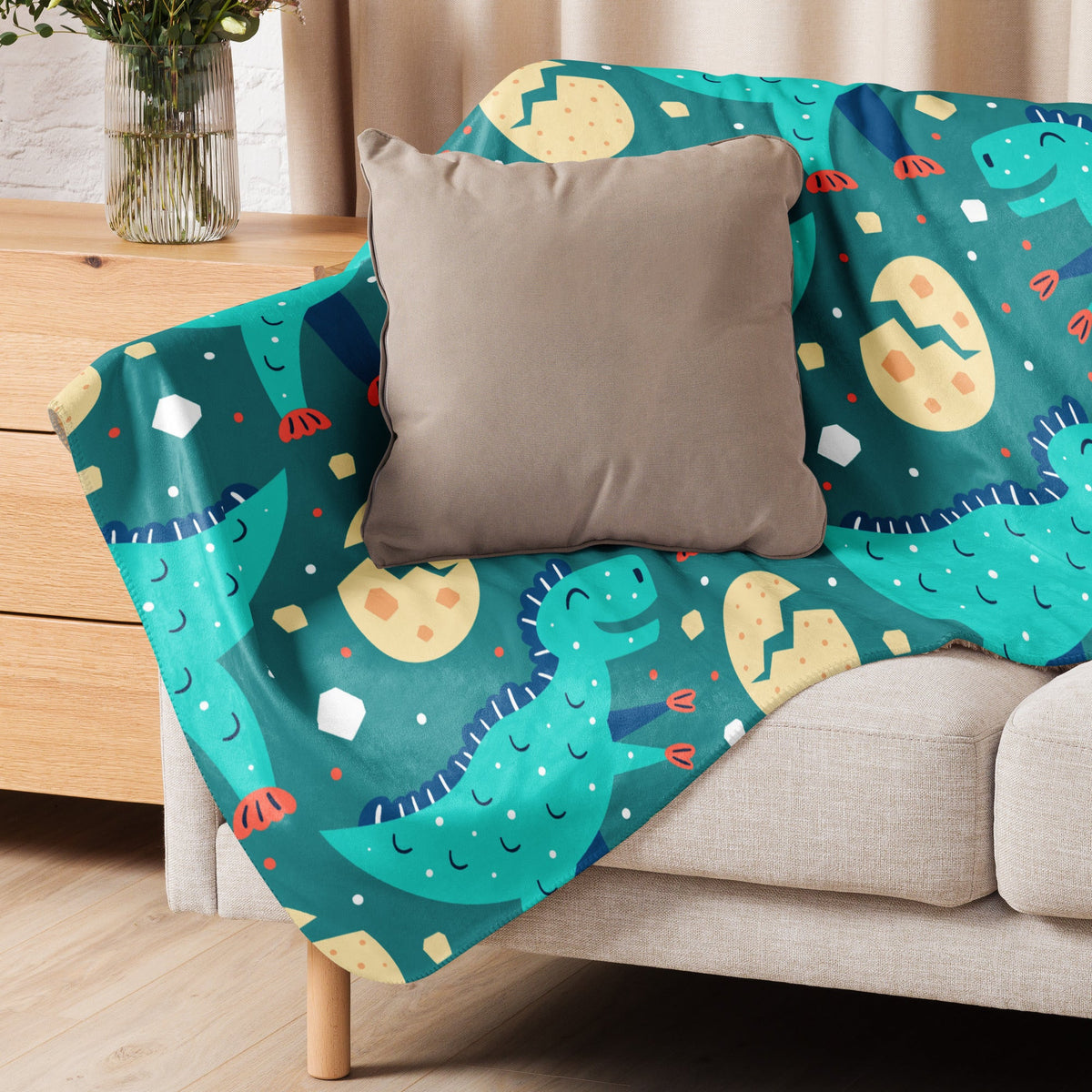 Dinosaur sherpa blanket with a dinosaur print, soft plush throw blanket for a kids room