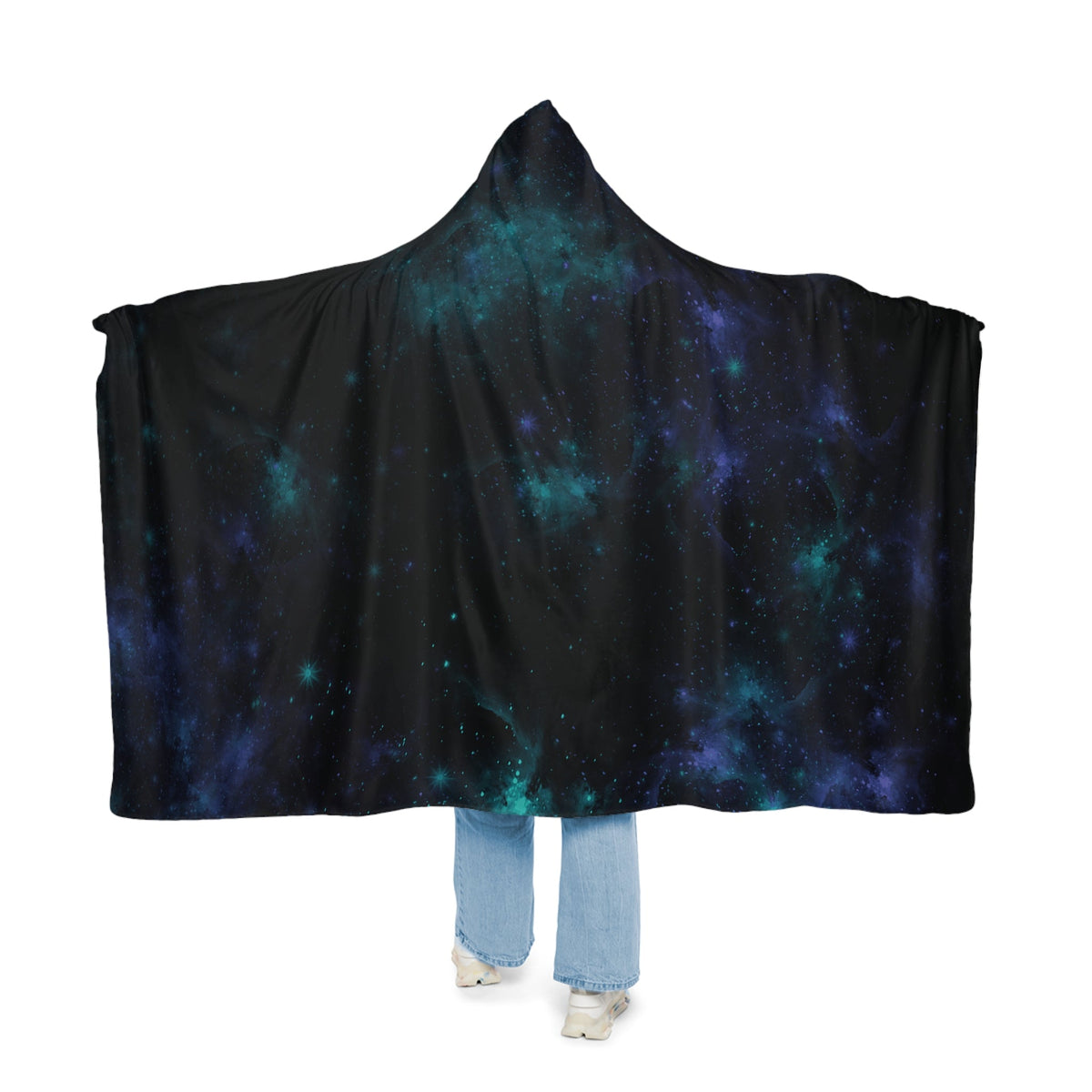 A black hooded blanket with a vibrant teal and purple cosmic nebula design on a starry night sky background