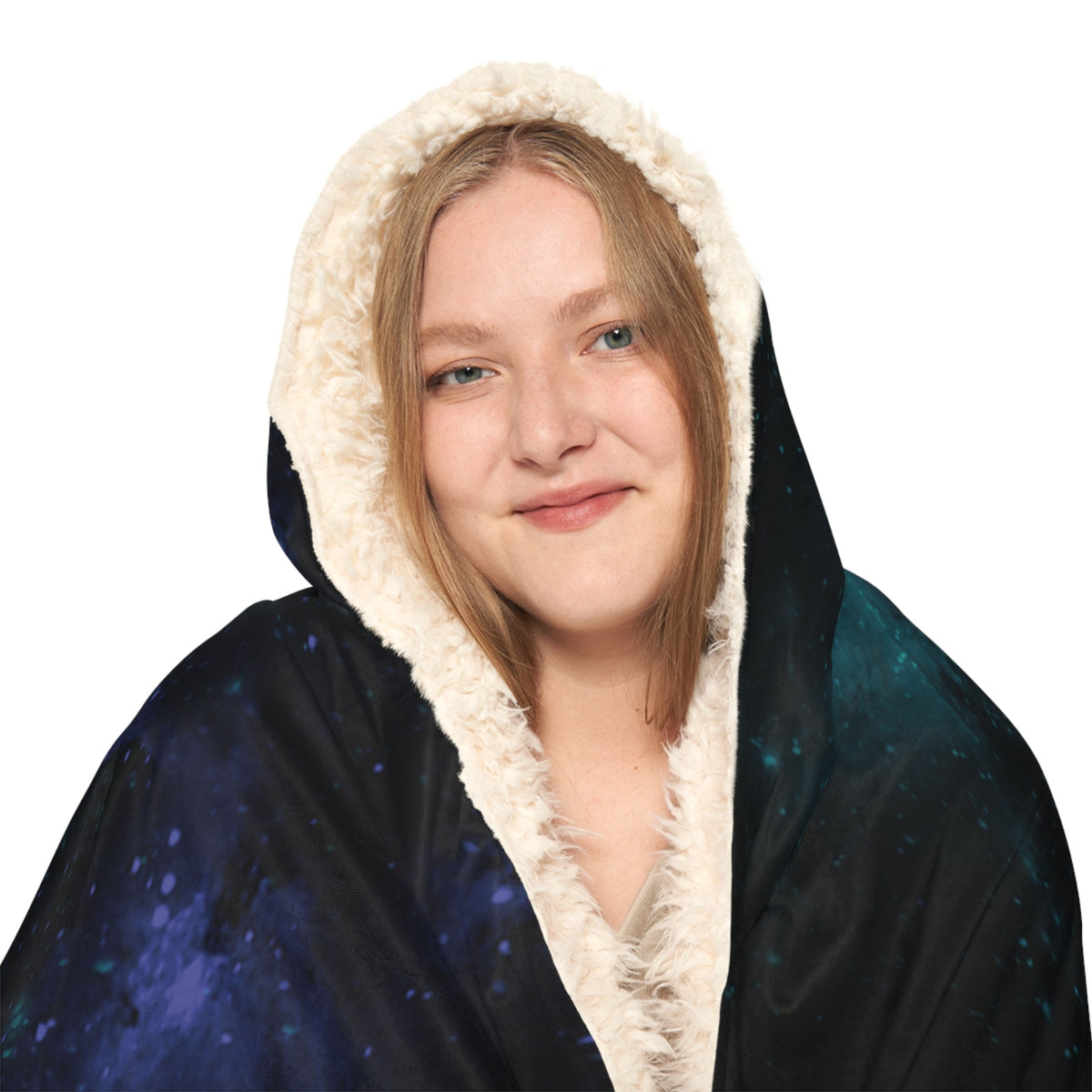Galaxy hooded blanket with a starry night sky pattern and plush white fleece-lined hood for cozy warmth