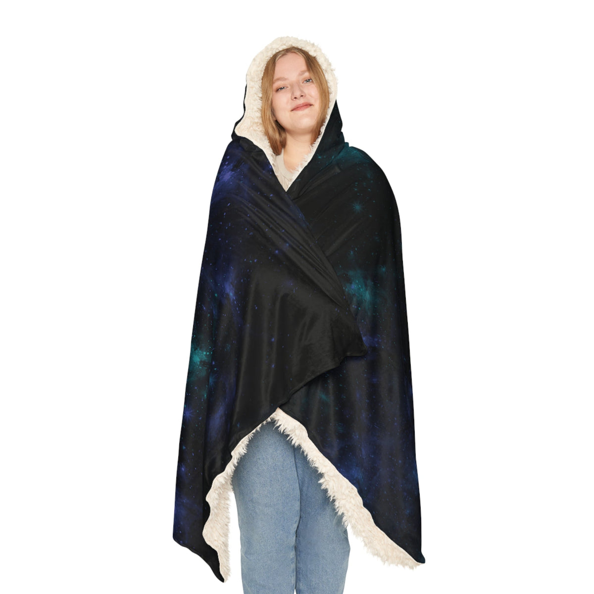 A cozy black and teal galaxy hooded blanket with plush white fleece lining perfect for warmth and comfort