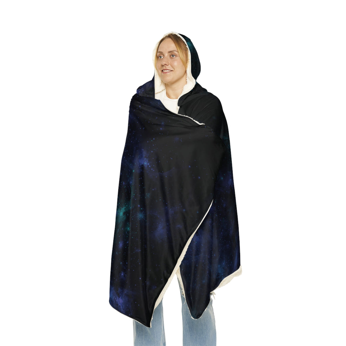 Black galaxy hooded blanket with white fleece lining and subtle teal nebula print for cozy warmth