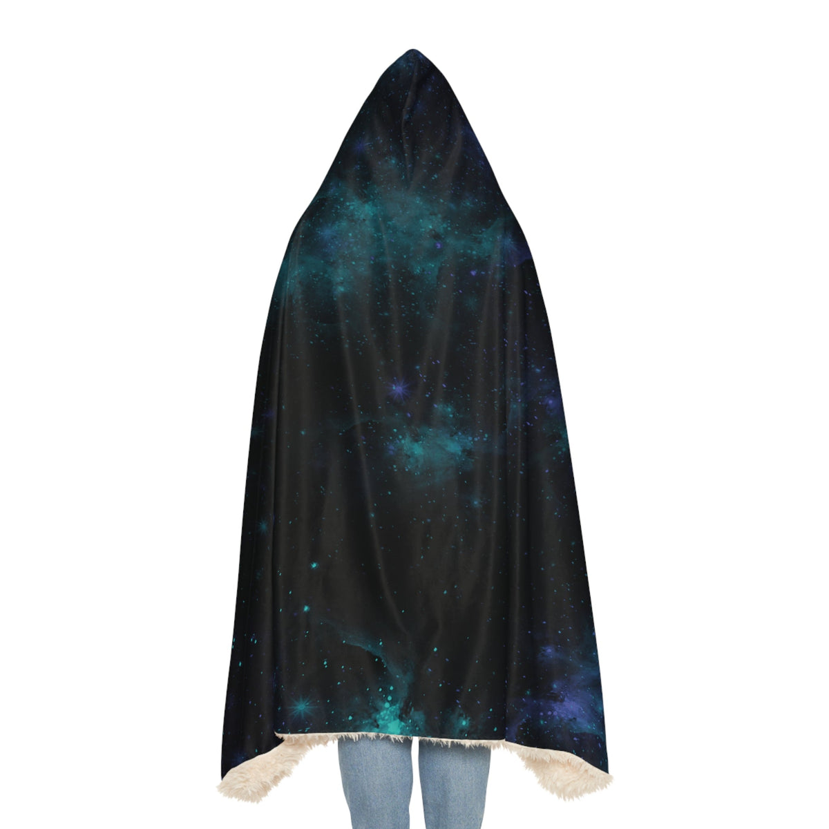 Galaxy hooded blanket with vibrant teal and purple cosmic print and soft white faux fur hem lining for cozy warmth