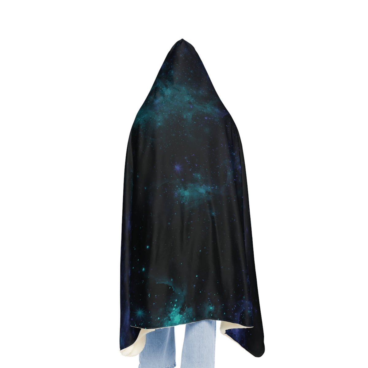A black hooded Galaxy hooded blanket with vibrant teal nebulae and scattered stars cosmic design