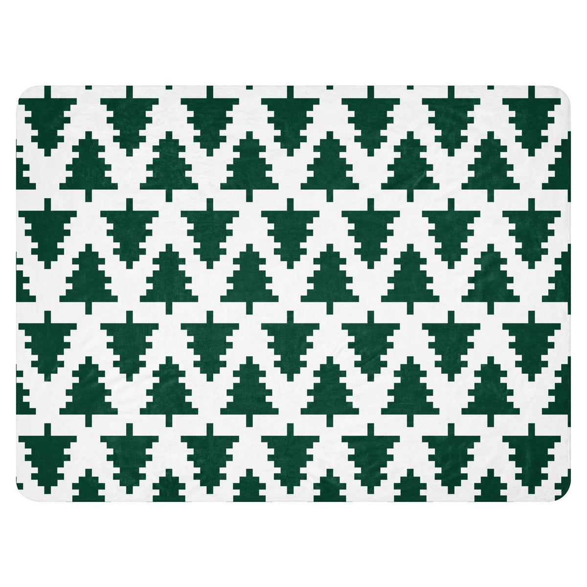 White rectangular Christmas blanket with repeating dark green pixelated pine trees pattern for holiday decor
