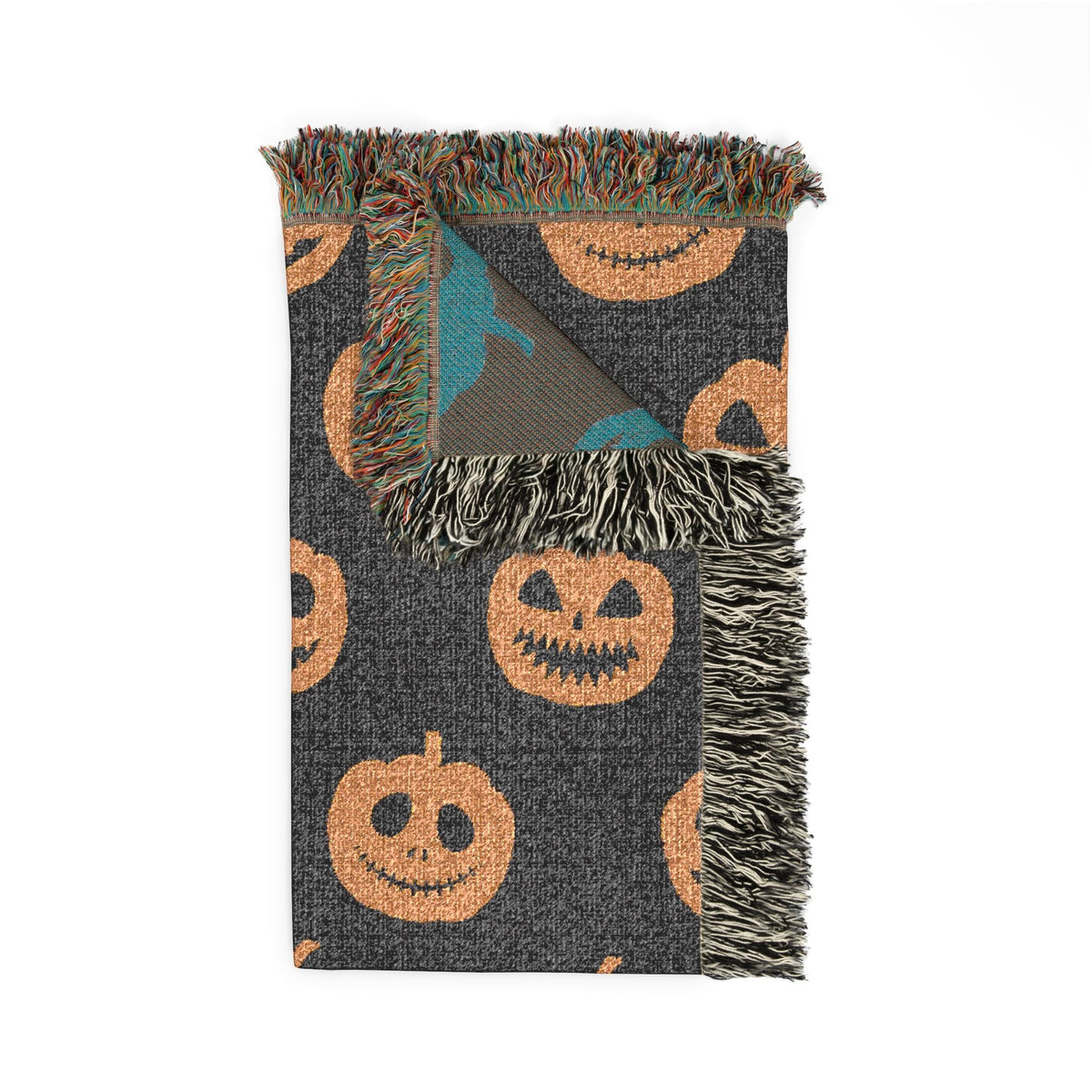 Halloween woven blanket dark gray throw blanket with orange jack-o-lantern faces and multicolored fringe