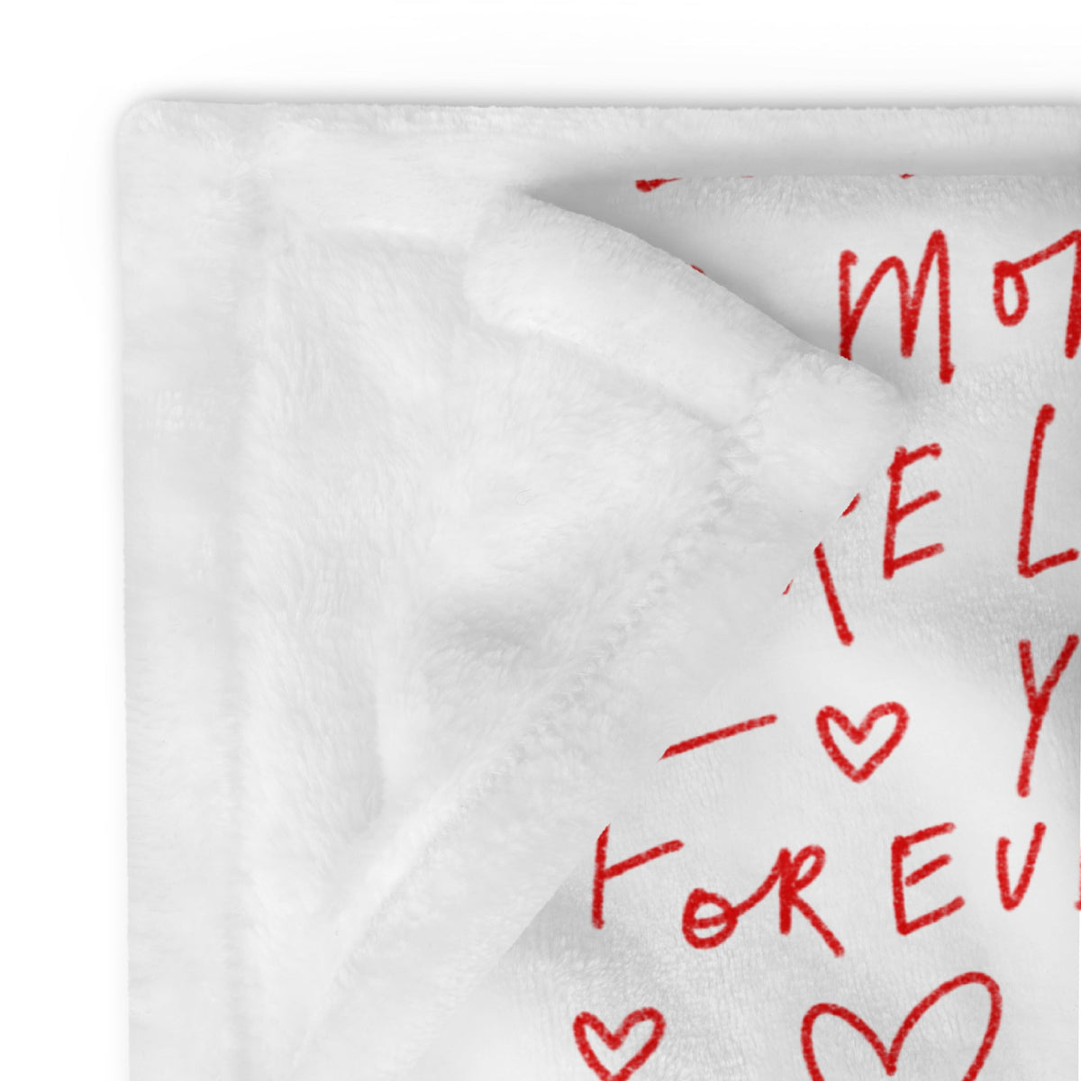 White plush love letter blanket with red handwritten-style text and hearts for cozy warmth and decor