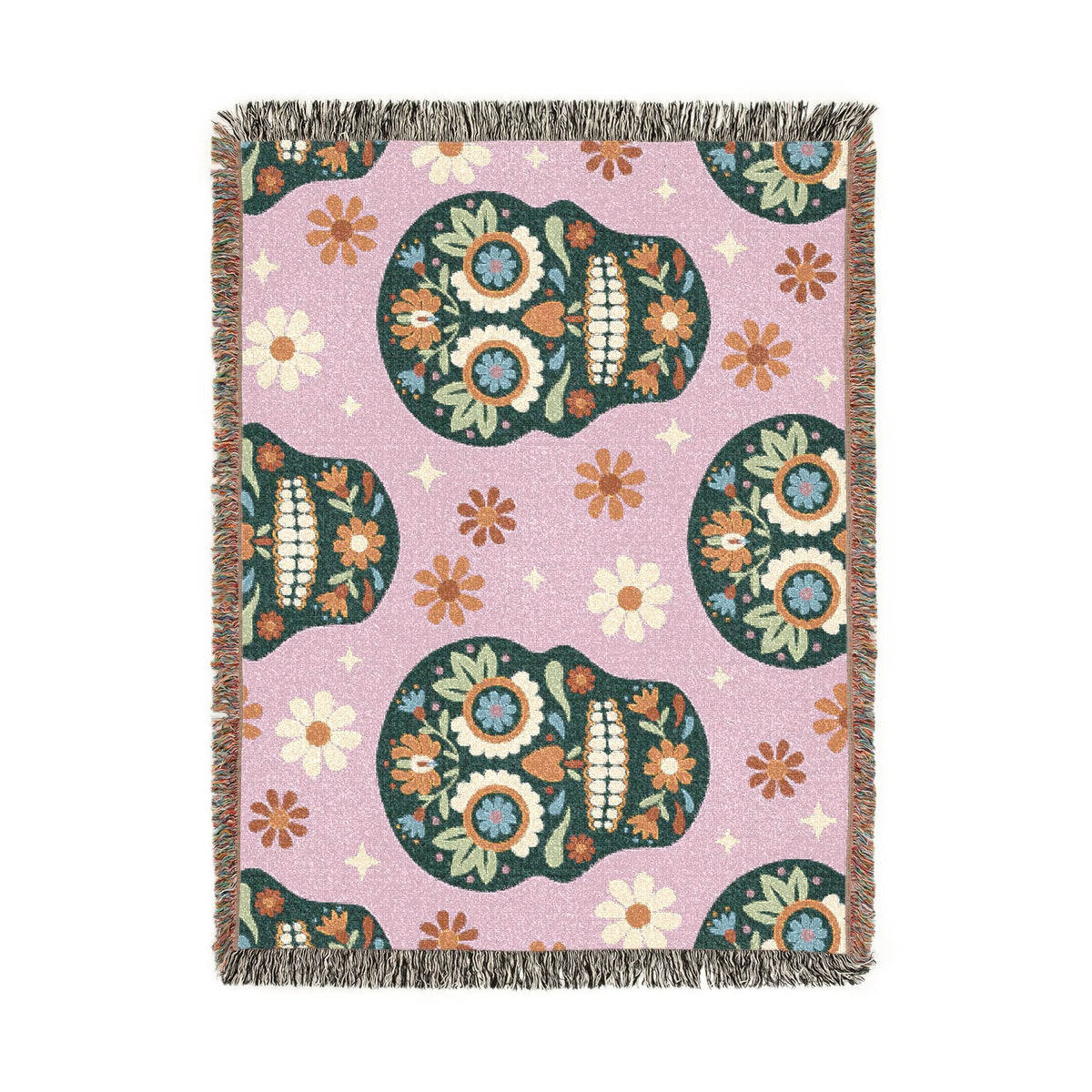 Lavender mexican woven blanket with dark green sugar skull pattern floral motifs and multicolored fringe edges
