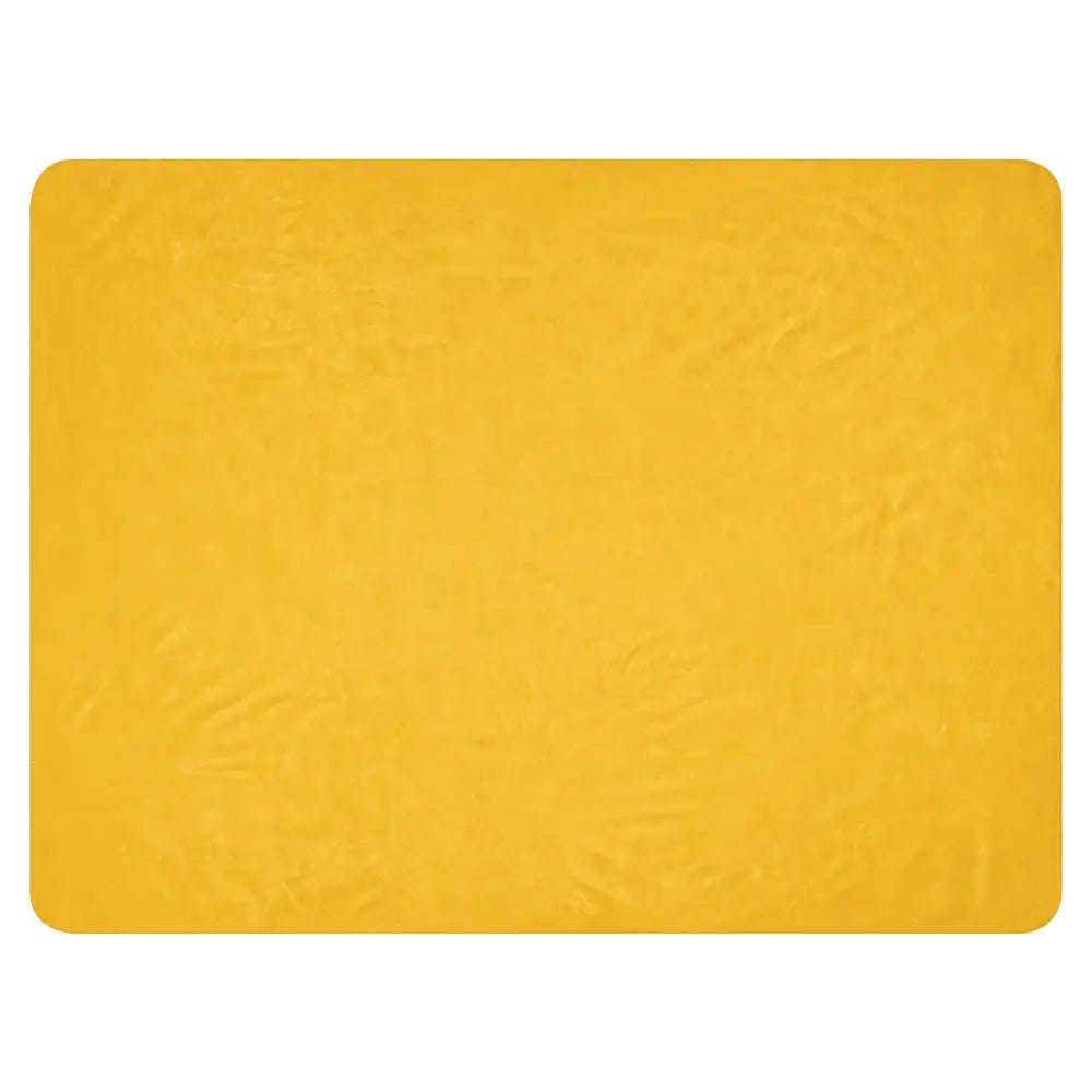 A rectangular mustard-yellow sherpa blanket with textured fabric and rounded corners