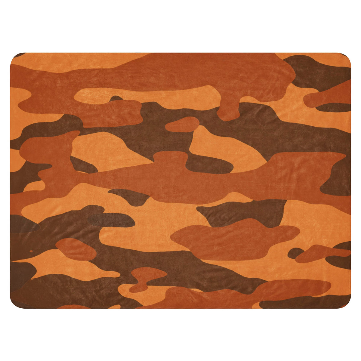 A rectangular orange camo blanket with bold orange and brown camouflage pattern for outdoor use