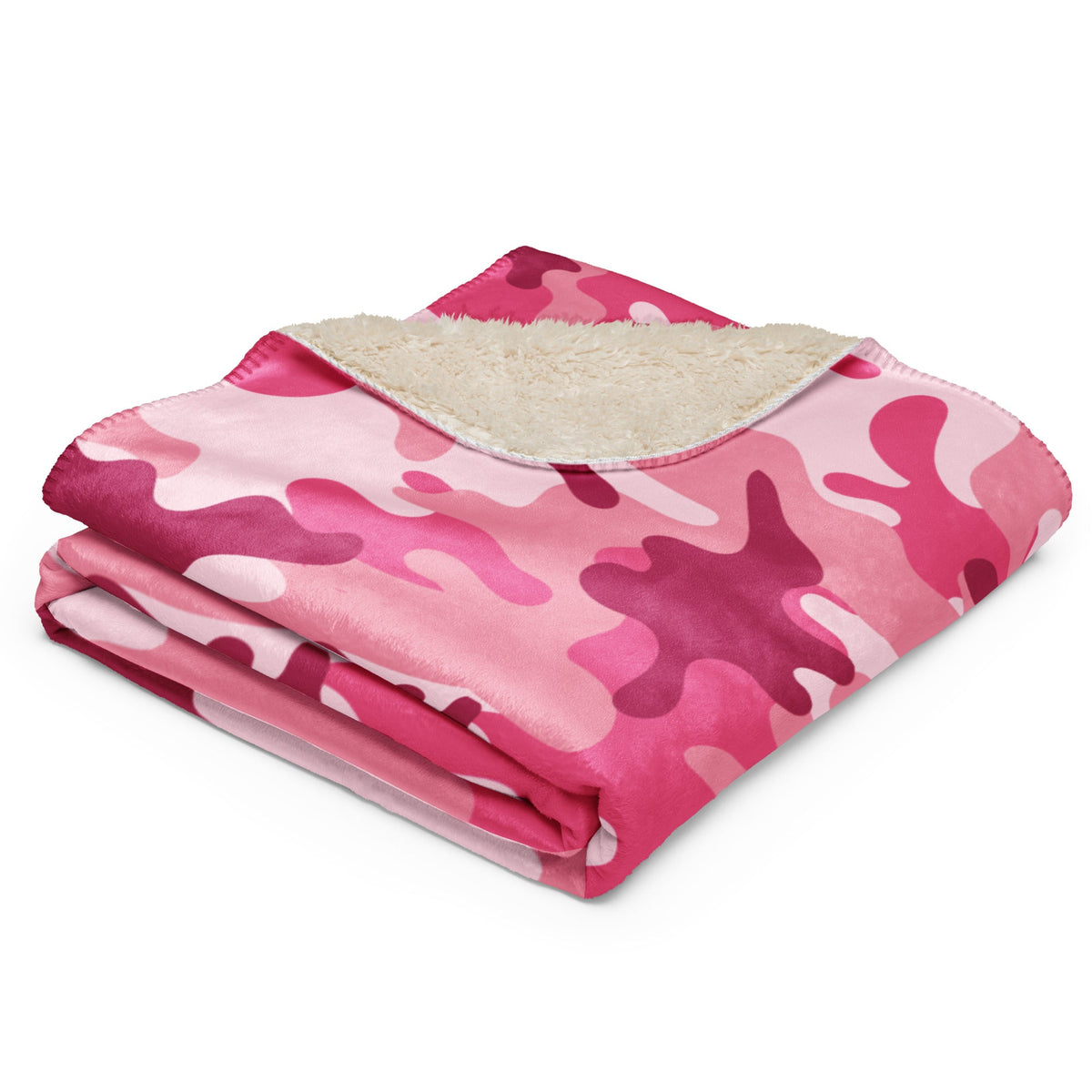 Pink camo blanket with pink camouflage pattern and plush cream-colored fleece interior for cozy warmth