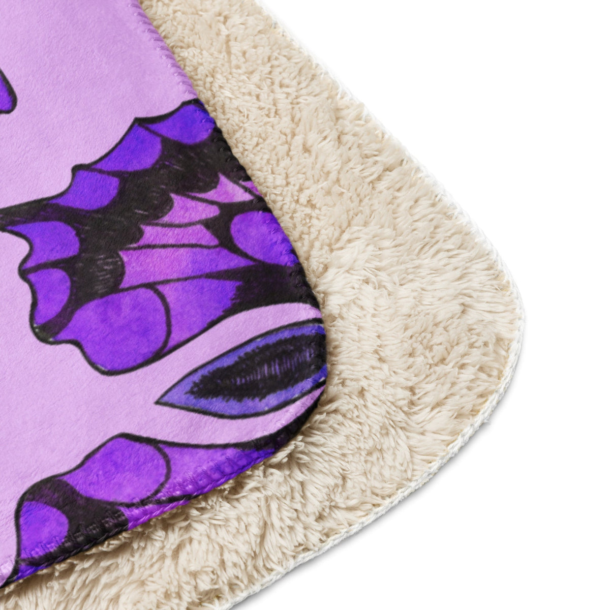 Purple butterfly blanket featuring a purple and black butterfly design on a soft plush fabric with cream sherpa lining