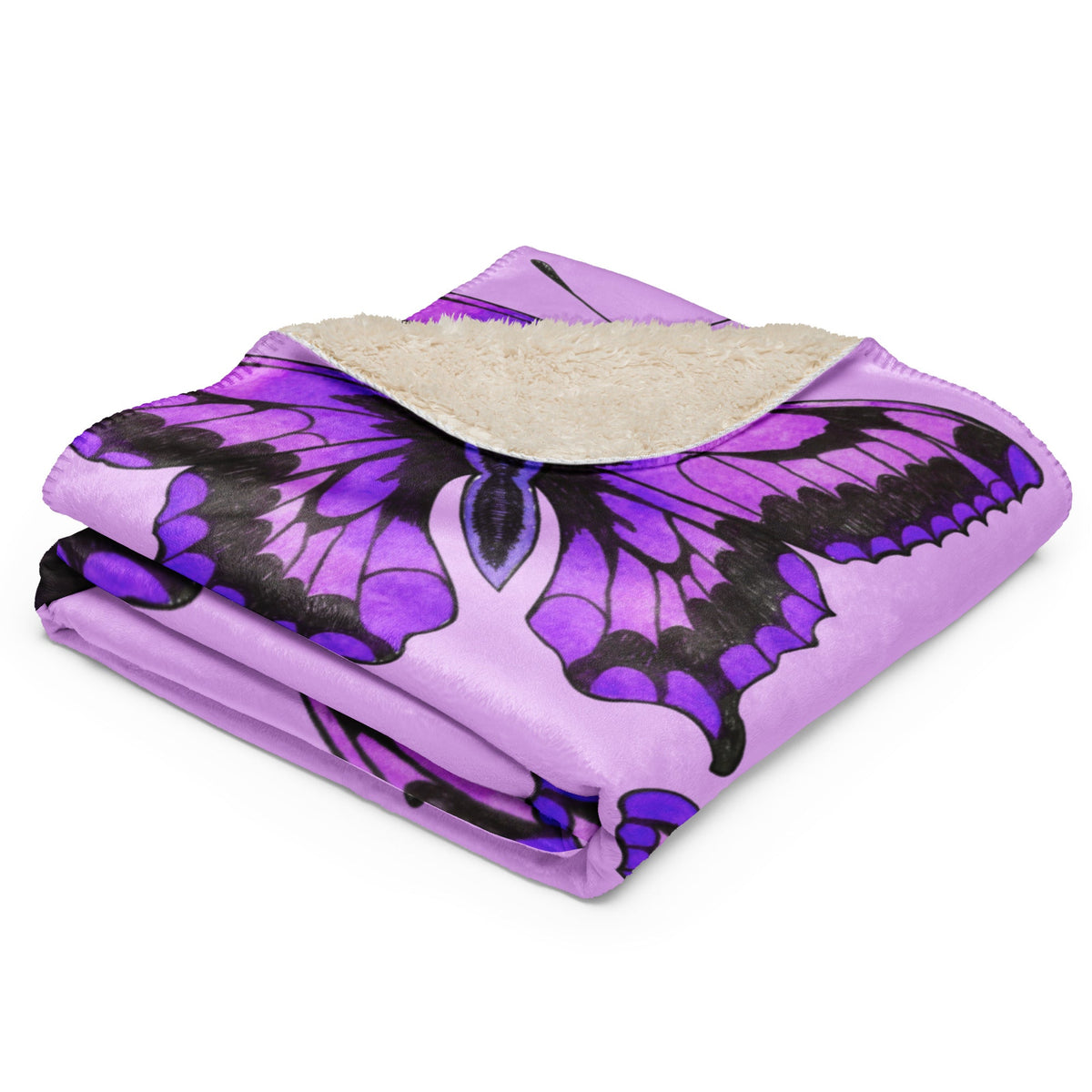 Purple butterfly blanket featuring a fleece outer layer with plush beige inner lining for cozy warmth