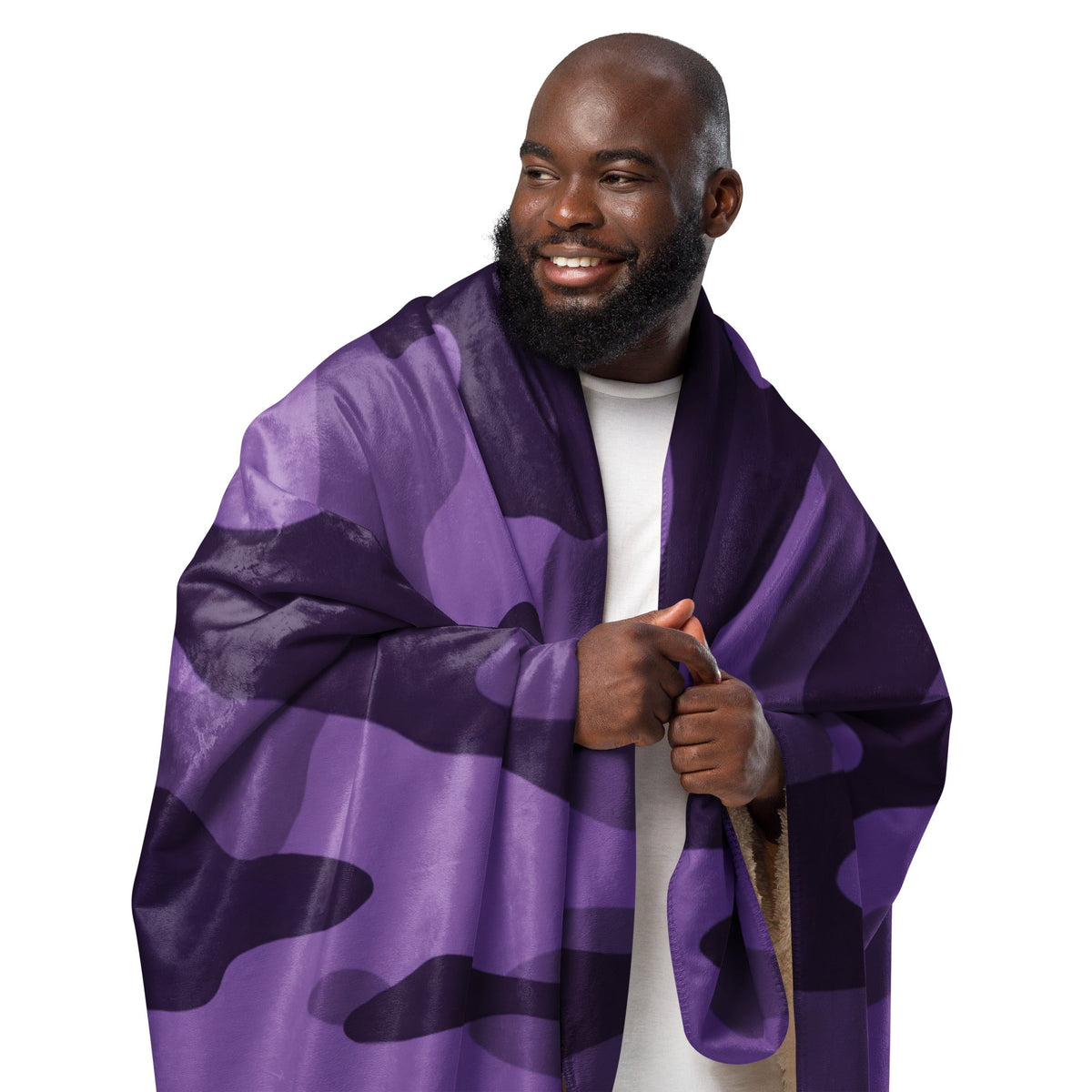 Purple camo throw blanket with dark purple camouflage pattern and soft plush texture for cozy warmth