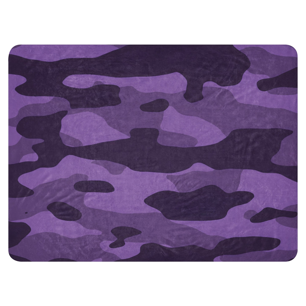 Purple camo throw blanket with purple and black camouflage pattern on a soft rectangular fabric mat