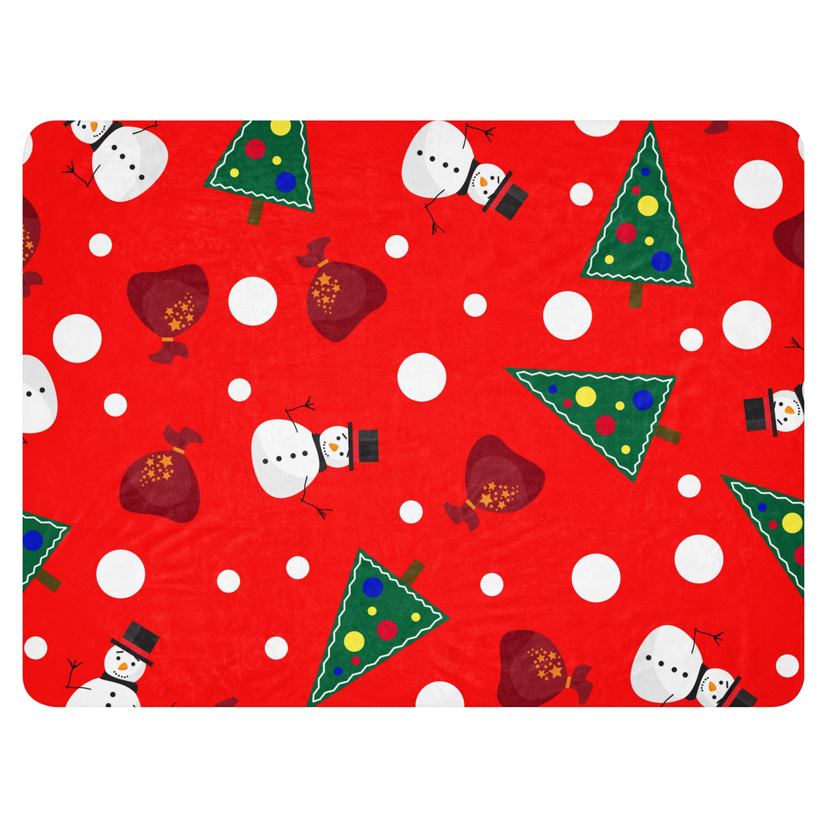Red christmas-themed snowman blanket featuring white snowmen green trees and red gift bags on festive background