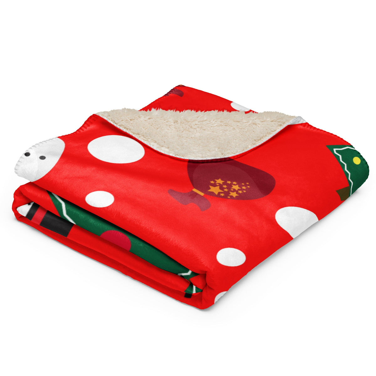 Red snowman Christmas blanket fleece with white polka dots and plush beige sherpa lining for holiday warmth