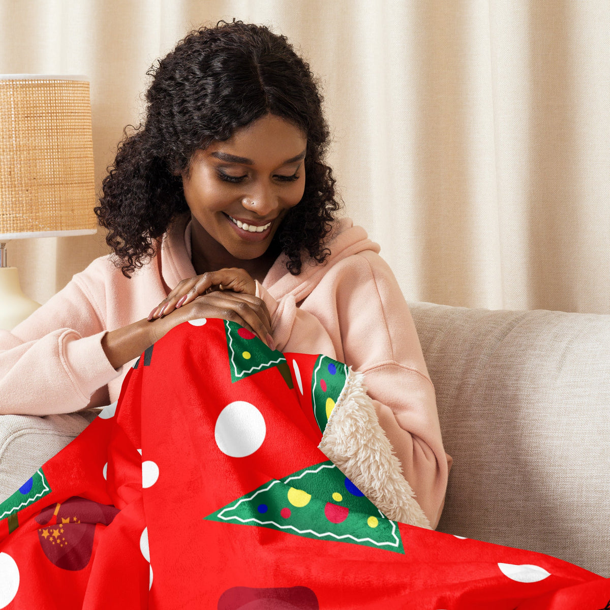 Snowman Christmas blanket red with green trees white polka dots and plush beige fleece lining for cozy warmth