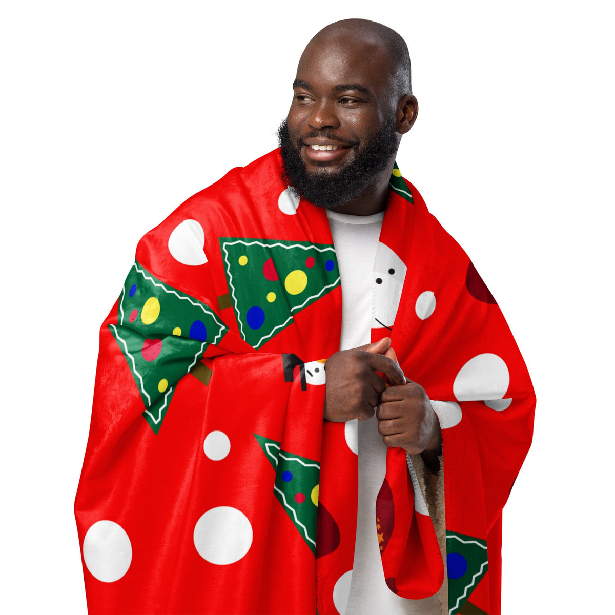 Red snowman christmas blanket with green tree and snowman patterns white polka dots soft fabric texture