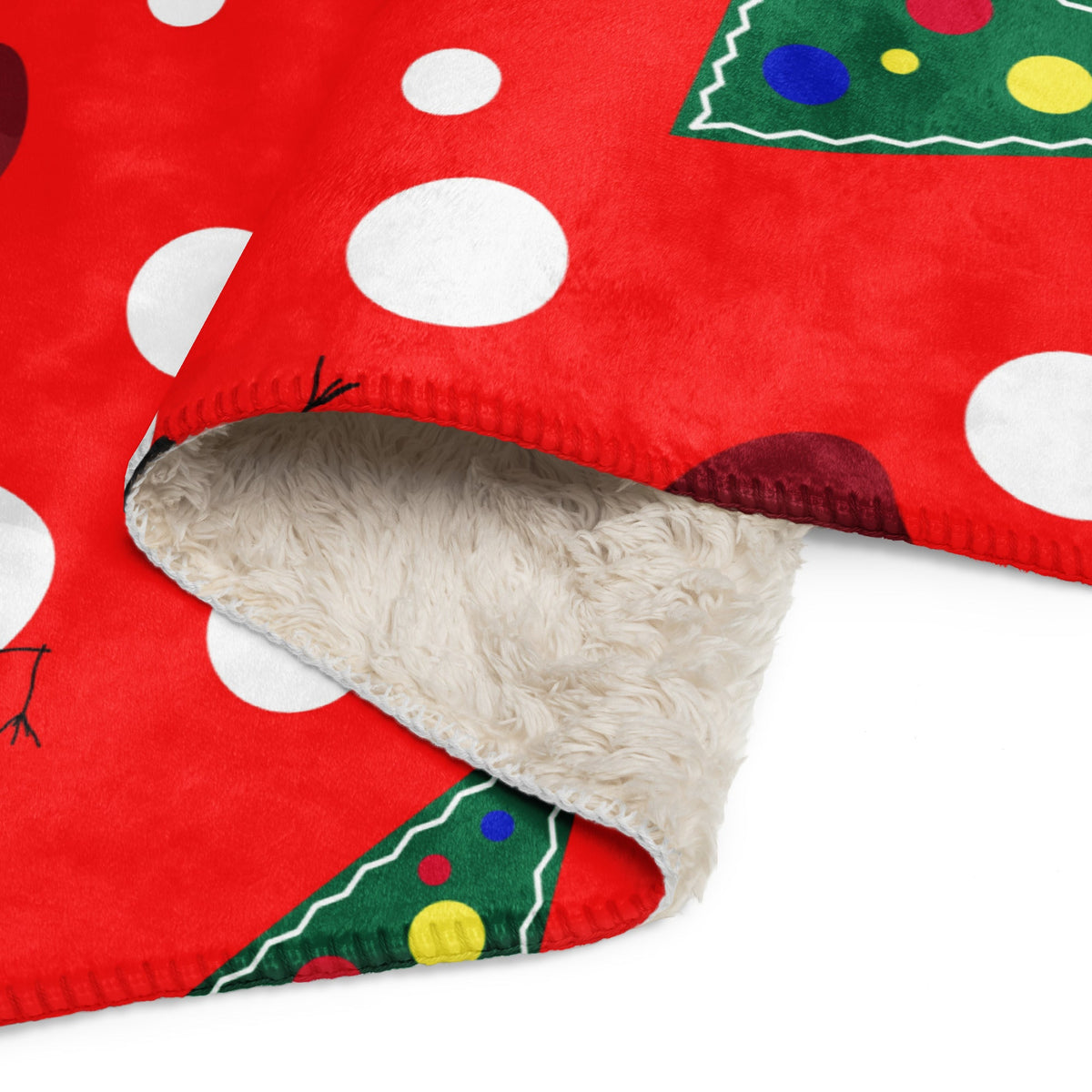 Red plush snowman christmas blanket with white polka dots festive tree pattern and soft beige sherpa lining
