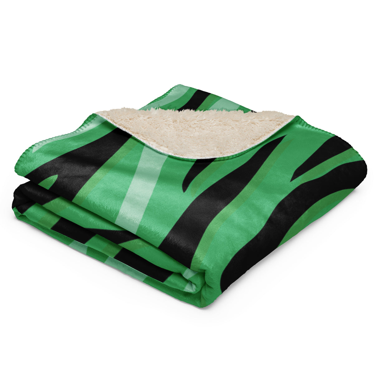 A cozy green and black zebra-striped fleece green tiger blanket with plush cream sherpa lining for warmth