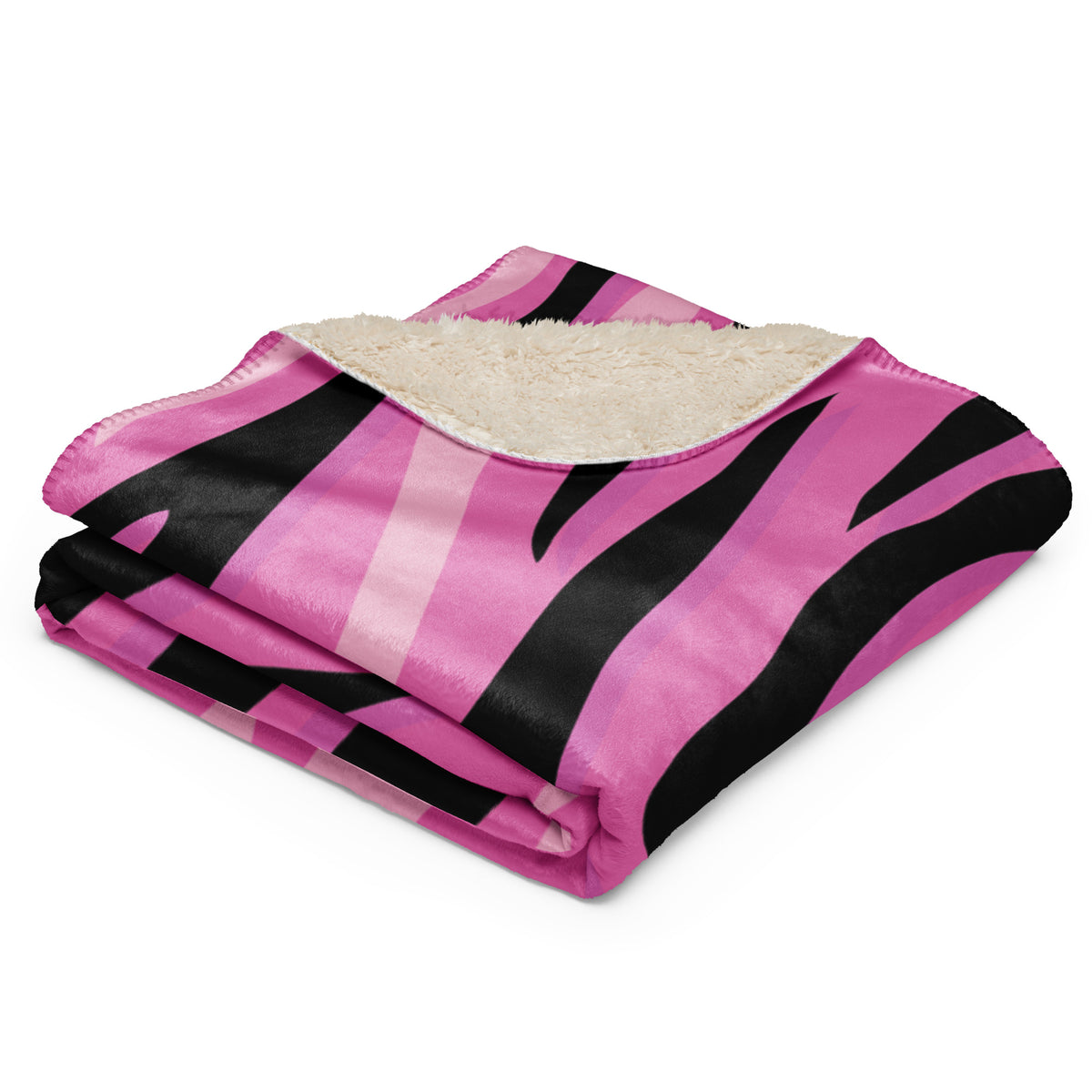 A cozy pink tiger blanket with black zebra stripes and plush cream sherpa lining for warmth and comfort