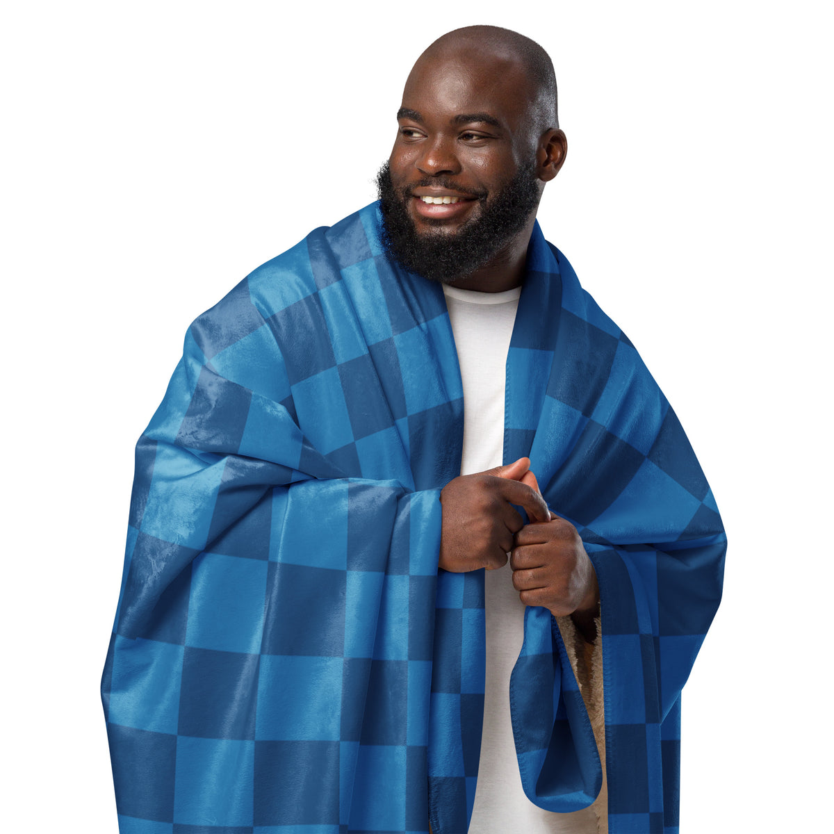 Blue checkered blanket with a soft satin-like texture perfect for cozy warmth and stylish home decor