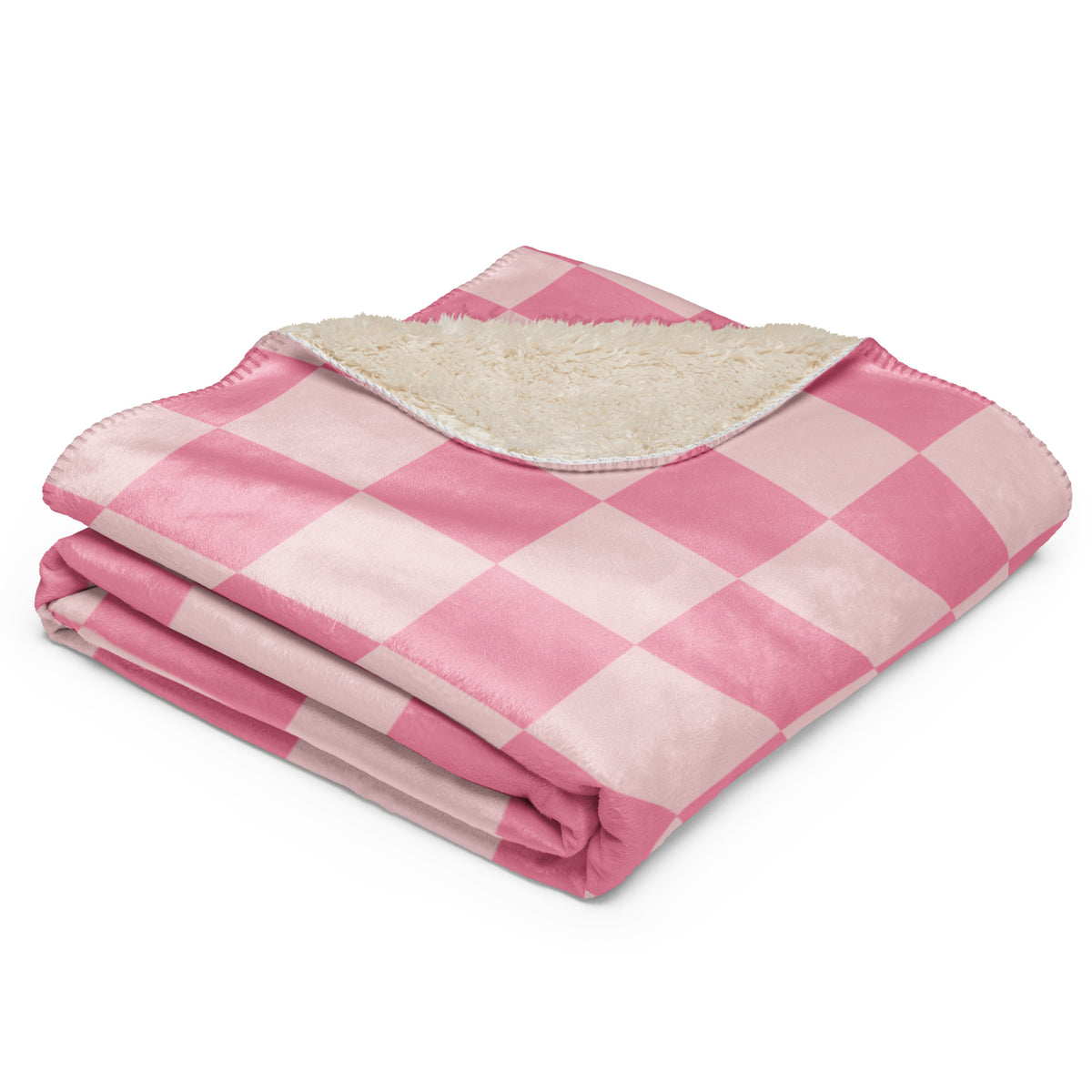 Pink checkered blanket with a pink and white checkered exterior and plush cream-colored fleece interior for warmth