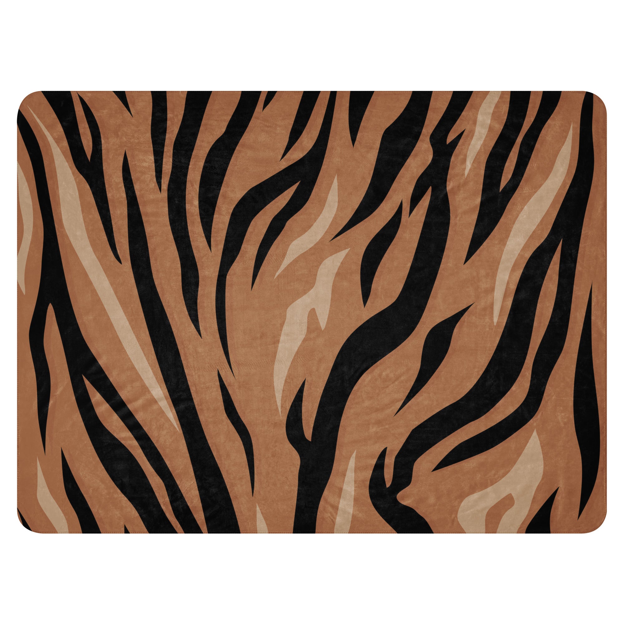 Brown tiger blanket bath mat with bold black tiger stripes on a tan background for stylish bathroom decor