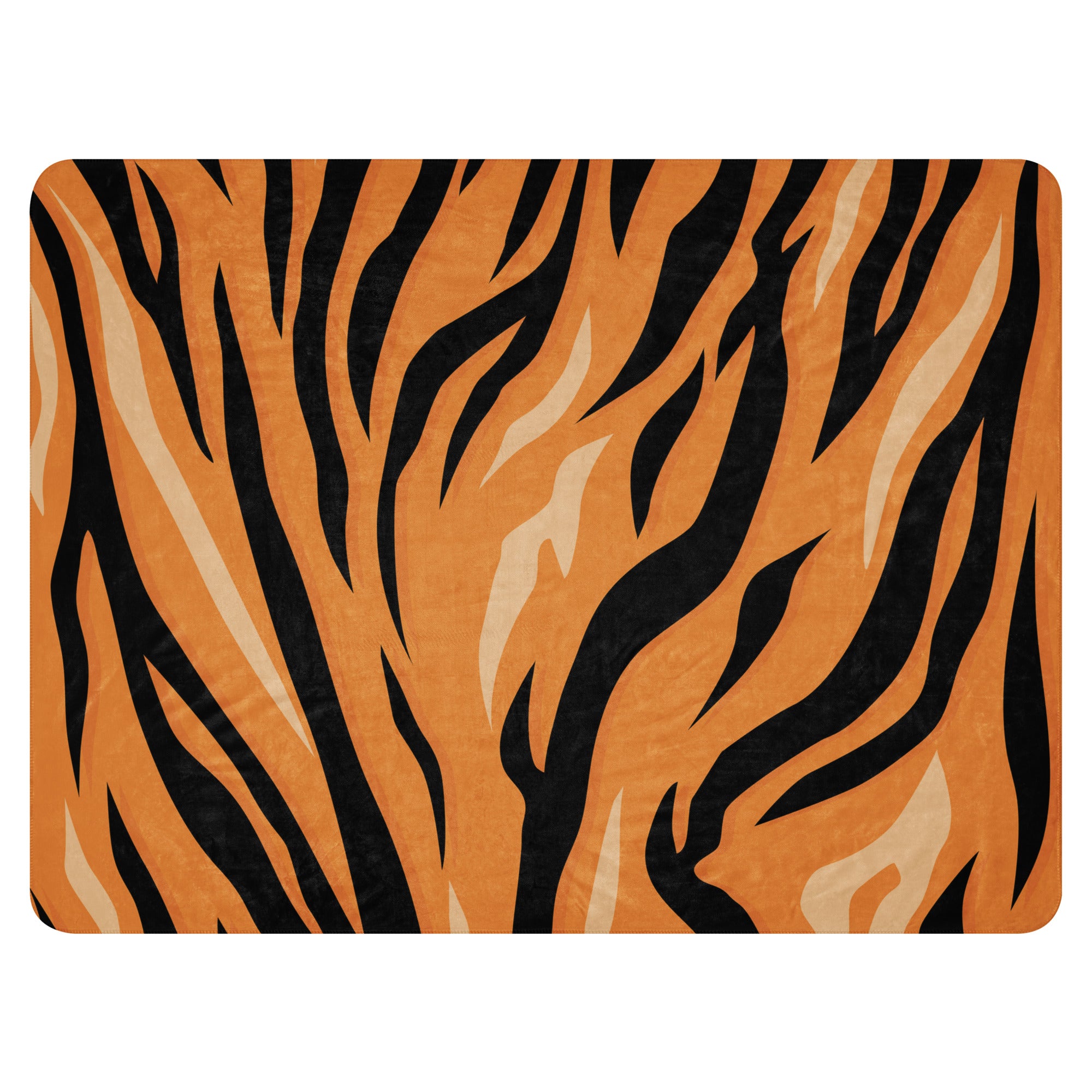 Orange tiger blanket bath mat with bold black stripes and cream accents for stylish bathroom decor