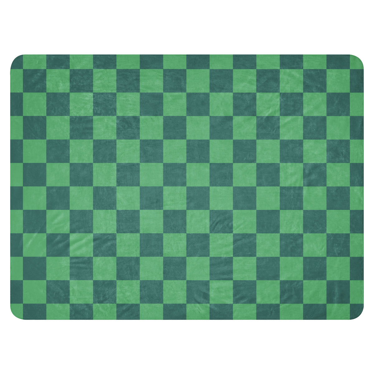 Green checkered blanket featuring a rectangular shape and classic checkerboard pattern in green and dark teal shades